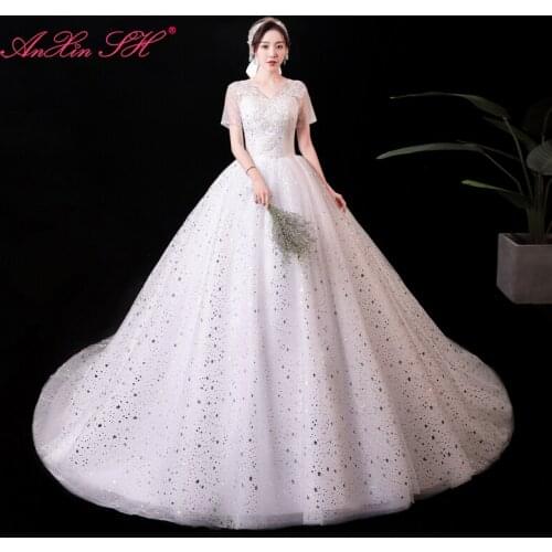 AnXin SH princess sparkly white lace evening dress vintage silvery star sequins v neck short sleeve french retro evening dress