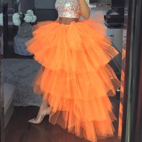 Orange Tulle High Low Skirt for Women Tiered Ruffles Tulle Asymmetrical Tutu Ball Gown Prom Party Skirts Maxi Long Skirt Saia