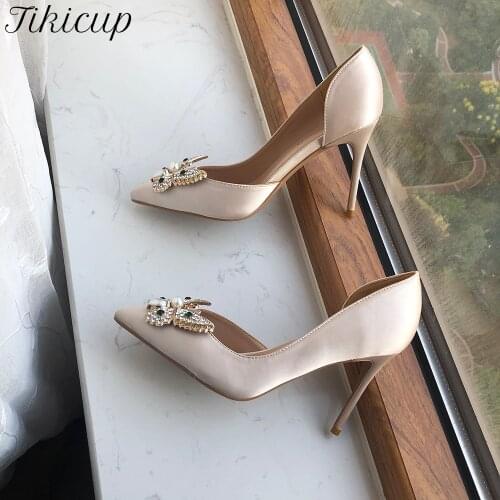 Tikicup 2021 Glitter Butterfly Decor Women Silk Satin D'Orsay High Heels Wedding Bridal Party Shoes Elegant Ladies Stilettos