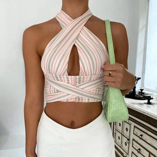 Y2K Striped Print Halter Cropped Top Sexy Backless Bandage Women Camis Beach Style V-neck Mini Vest Corset Summer Clothes