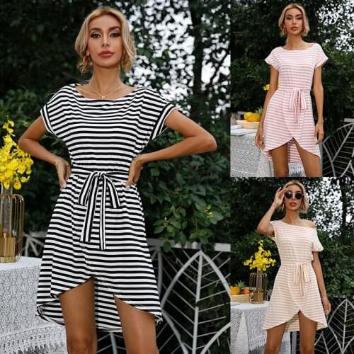 2021 Summer Fashion Sexy Womens Irregular Dress Casual Solid Bodycon O Neck Short Sleeve Belt Empire Stripe Print Ladies Dress