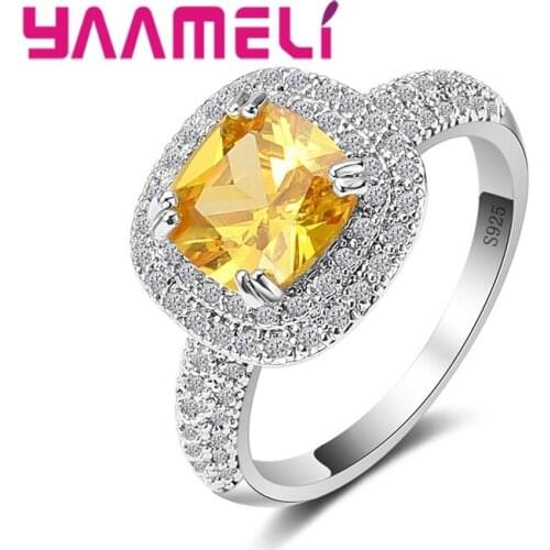High Quality Yellow Crystal 925 Sterling Silver Ring With Full Cubic Zirconia Women Lady Wedding Party Jewelry