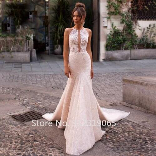 High Neck Mermaid Wedding Dresses Robe de mariee Sexy Illusion Back Court Train Formal Bridal Wedding Gowns Vestido De Novia