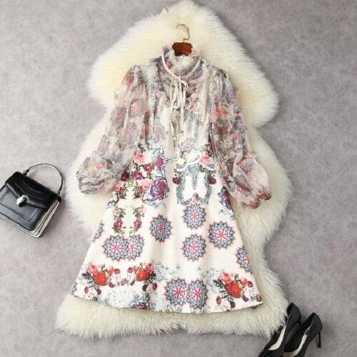 Vintage Retro Dress 2021 Autumn Style Women Elegant Floral Print Lace Patchwork Long Sleeve Apricot Blue Party Tunic Dress Festa