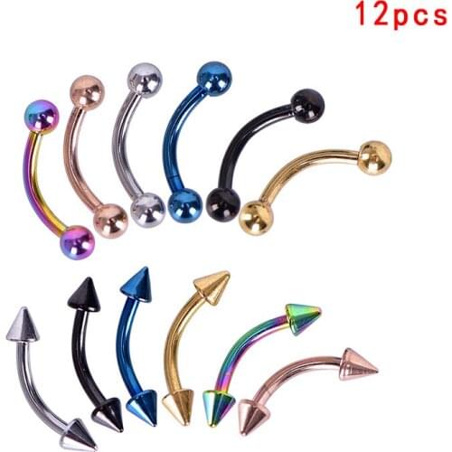 12Pcs/Set Curved Bar Barbell Ball Spike Tragus Eyebrow Lip Ring Body Piercing
