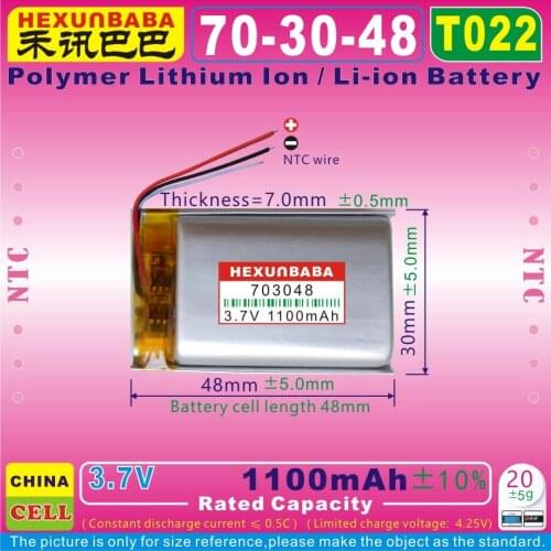 [T022] 3.7V 1150mAh [703048] NTC; three 3 wire;Polymer lithium ion / Li-ion battery for mp3,GPS,power bank,cell phone;mp4