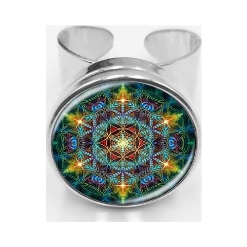 2019 / Multicolor Flower Life Silver Open Ring Statement Ring Glass Dome Mandala Snap Ring Yoga Jewelry Buddhist Gift