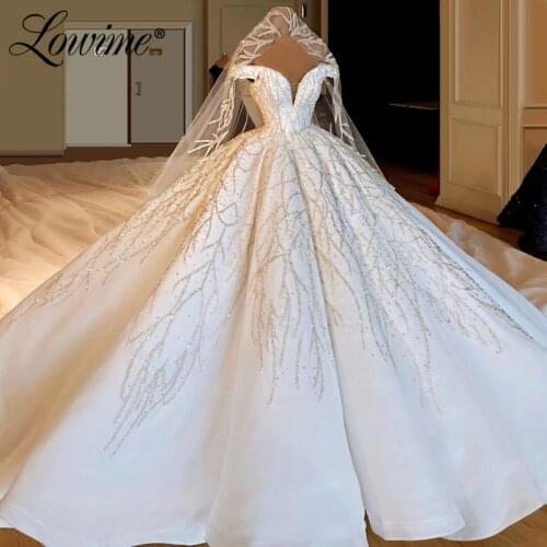 Custom Made 2020 Luxury Glitter Wedding Dresses V-neck Plus Size Wedding Gowns Puffy Arabic Muslim Bridal Gowns Vestido De Noiva
