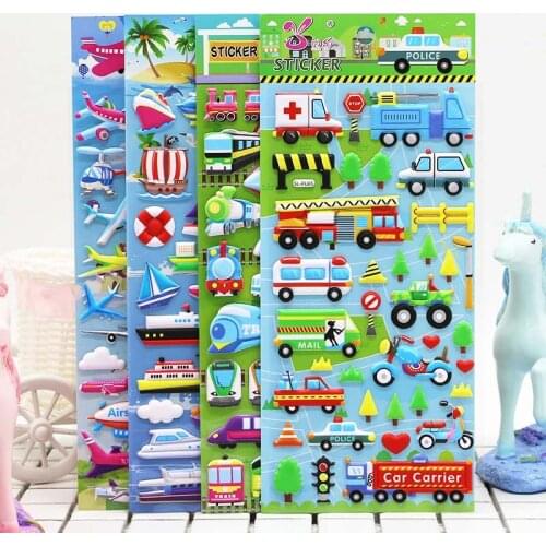 5/10 Sheets 3D Bubble Sticker Car Truck Plane Traffic Waterproof Cartoon Anime Stickers For Girl Boy Kids Funny Educational Toys