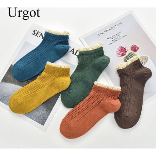 Urgot 5 Pairs Womens Lace Boat Socks Korean Hot Style Ladies Cute Girls Socks Japanese Striped Retro Color Ankle Socks Meias
