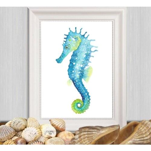 Watercolor Marine Animal Hippocampus Canvas Painting Wall Art Decor , Hippocampus Print And Poster Beach Art Nautical Decor
