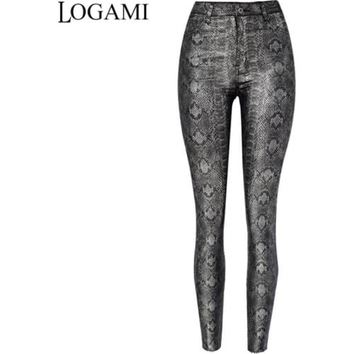 LOGAMI Snake Print Pants Women Sexy Faux Leather Trousers Womens Pencil PU Pants