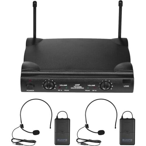 UHF Dual Channels Wireless Microphone Mic System with 2 Bodypack Transmitter 2 Headset Microphones 1 Receiver 6.35mm Audio Cable