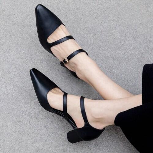 EshtonShero Woman Shoes Pumps Square Med Heels Pointed Toe Buckle Platform Cow Leather Autumn Ladies Wedding Shoes Size 3-8