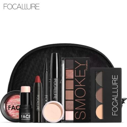 FOCALLURE 8PC Makeup Set Waterpoof Glitter Eyesahdow Matte Lipstick Blush Mascara Eyeliner Highlighter Cosmetic Set Make Up Kit