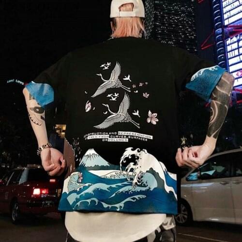 Ins Couple T Shirt Japanese Streetwear Huarajuku Tops Crane Print Chinese Style Short Sleeve 2019 Summer Hiphop Shirt KK2874