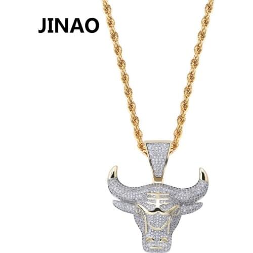 JINAO Fashion Cubic Zircon Iced Out Chain Necklace Bull Demon King Pendant Hip Hop Jewelry Statement Necklace Bling Gift for Man