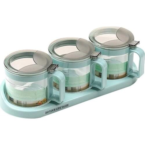 Condiment Container Seasoning Box Glass with Spoon,Seasoning Box Spice Rack (3 Pot)