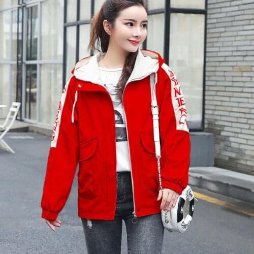 Korean Fashion Tooling Jacket Short Windbreaker Coat 2021 New Women Clothing Letter Printing Spring Autumn With Hood Zippers Top