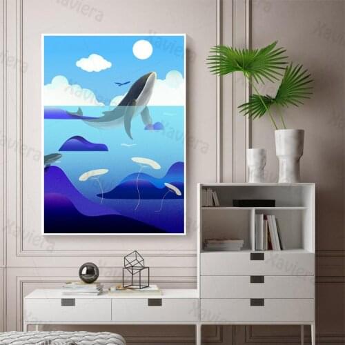 Minimalist Cartoon Poster Ocean Animal Whale & Blue Sea Canvas Print Nursery HD Poster Modern Home Hotel Decoration Wall Art