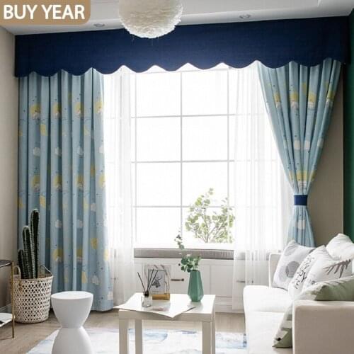 Cartoon Curtains for Living Dining Room Bedroom Blue Stars Rabbit Childrens Room Curtains Cotton Hemp Semi-blackout Curtains
