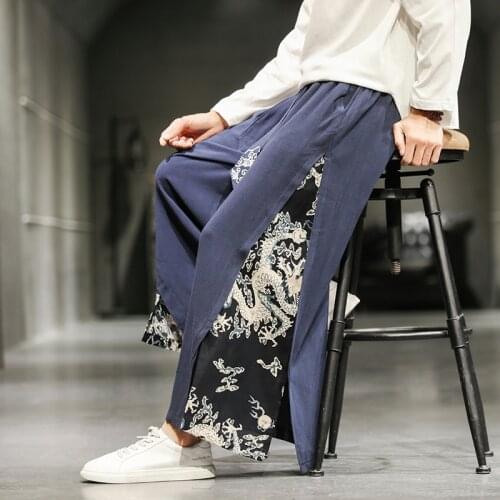 2021 Men Print Linen Wide Pants Men Elastic Waist Loose Vintage Trousers Male Chinese Style Streetwear Harajuku Pants