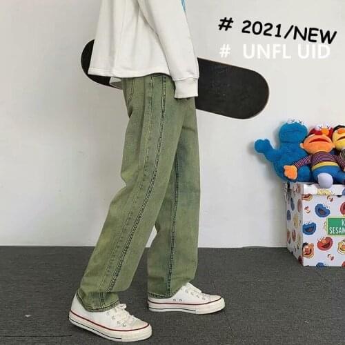 2021 Mens Solid Color Wash Jeans Loose Retro Style Fashion Trousers Trend Korean Streetwear Casual Pants Plus Size S-3XL