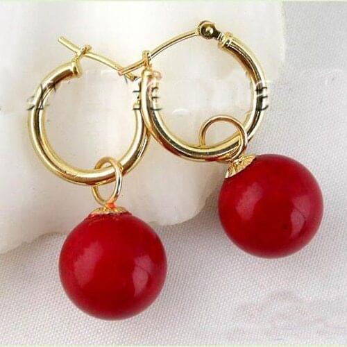 New Favorite Pearl Jewelry Huge 13mm Round Bead Red Coral Dangle Earrings 14k/20 Gold Hook Luck Gemstone Jewelry For Lady
