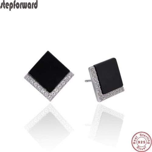 New Arrival Classic Graceful Black 925 Real Silver Simple Rhombus Stud Earring For Ladies