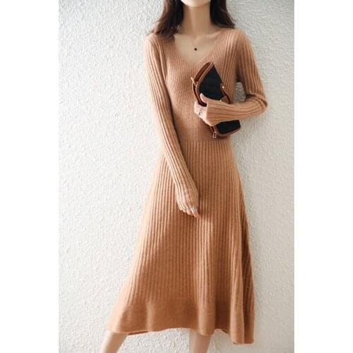Autumn Winter 100% Wool Thicken A-LINE Sweater Dress Warm Chic Basic Knit Pullover Women Slim Midi Dress Female Casual Dresses