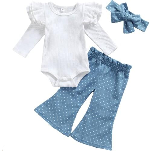 3 Pcs Newborn Casual Outfits, Baby Girls Ribbed Fly Sleeve Round Neck Romper + Dot Print Flared Pants + Bowknot Headband