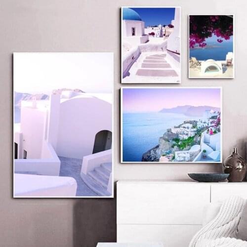 Santorini Greece Poster Print Pink Sea Mediterranean Ocean Wall Art Sunset Canvas Painting Modern Blue Church Island Home Decor