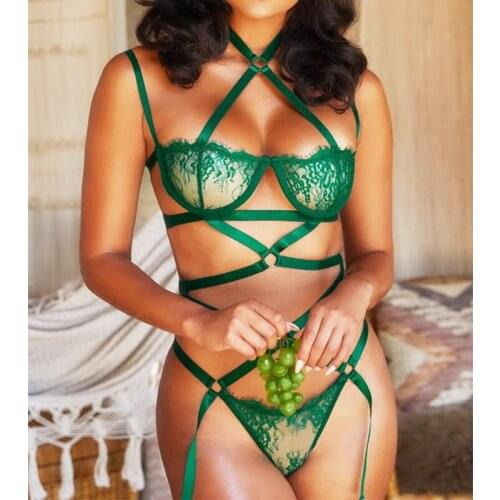 Sexy Underwear Women Exotic Lingerie Set with Garter Belt Bandage Halter Nightwear Hollow Lace Bra Panty Bodysuit Babydoll Suit