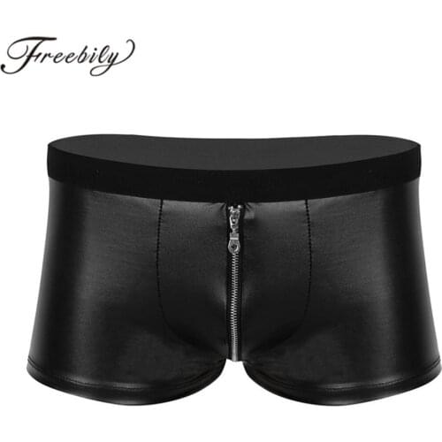 Mens Wet Look Faux Leather Shorts Man Zipper Bulge Pouch Low Rise Boxer Briefs Shorts Underwear Summer Homme Male Underpants