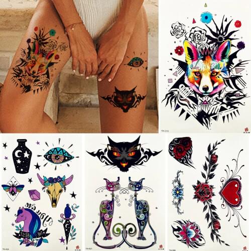 Totem Fox Wolf Tribal Rose Painting Temporary Tattoo Sticker Colorful Flower Triangle Flash Tatoos Body Art Leg Fake Tatoo DIY