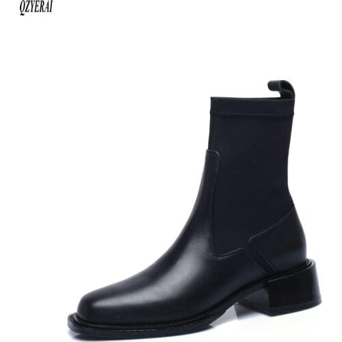 Women boots Genuine leather Chelsea boots Female boots The new fashion black Square head