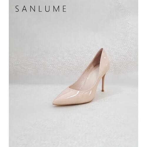 SANLUME Autumn Nude Patent Pumps Women Shoes Woman High Heels Ladies Sexy stiletto party shoes Genuine Leather Pointed Toe Heel