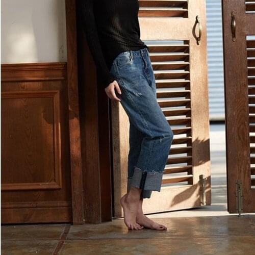 Women Ripped Ankle Length Straight Denim Pants Fashion Casual Vintage Loose Ladies Jeans Streetwear 100% Cotton Harajuku