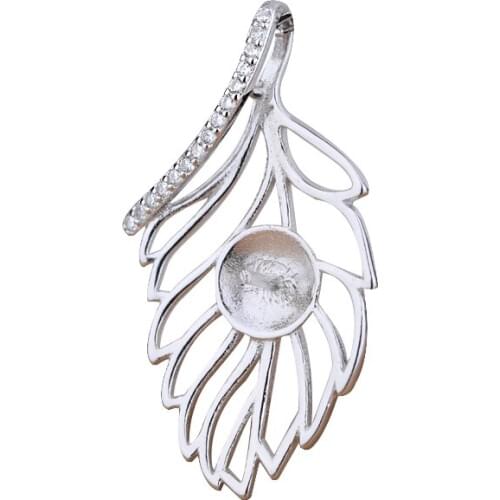 Women Semi Mount Pendant Crystal 925 Sterling Silver Engagement Party Pendant White Gold Color 8-12mm Pearl Round Bead Setting