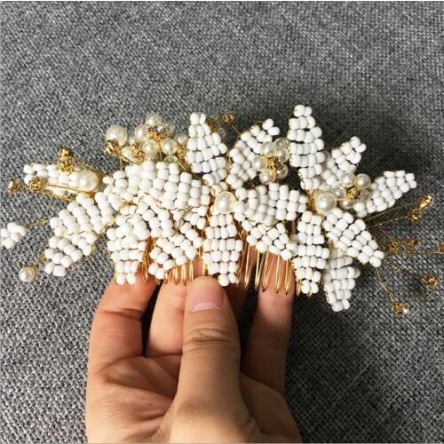 Handmade Gold Wired Rhinestones Crystals Pearls Flower Leaf Wedding Hair Comb Bridal Headpiece Hair Accessories Bridesmaids