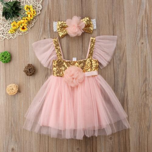 2021 Summer Cute Sweet Kids Toddler Baby Girls Lace Tulle Dress Floral Party Wedding Princess Dresses+Headband
