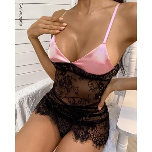 2021 Sexy Women Exotic Dress Sleeveless Strap Silk Lace Patchwork Babydoll Nightwear Sleepwear Hollow Out Lace-up Exotic Dresses