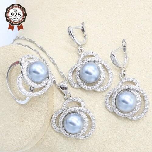 3 Colors Pearl Silver Color Wedding Jewelry Set for Women White Gray Pink Earrings Necklace Pendant Ring Gift Box