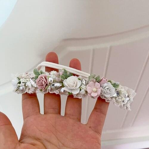 Free Shipping White Blush Pink Flower Rhinestone Beads Newborn Skinny Headband