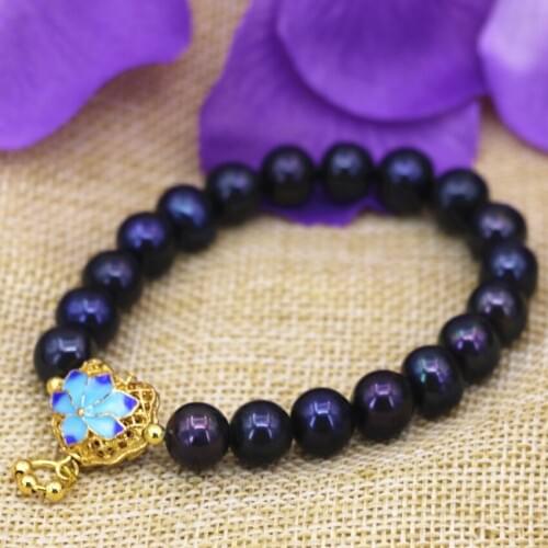 Fashion natural black freshwater cultured pearl beads 9-10mm bracelet for women gold-color cloisonne diy jewelry 7.5inch B3083