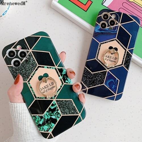 Fashion Marble Heart Diamond Ring Case For iPhone 11 Pro 12 Mini X Xr Xs Max SE2 7 8 Plus IMD Protection Cover with Holder Stand