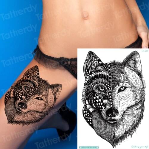 Black Wolf Forest Tribal Feather Tattoos Temporary Sticker Tree Fierce Animal Fake Tattoo For Men Body Art Custom Tatoos leg arm