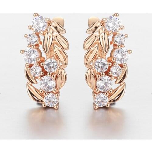 Elegant 585 Rose Gold Earrings for Women Girls Clear Cubic Zirconia Leaves Drop Earrings Party Jewelry Christmas Gift DGE321