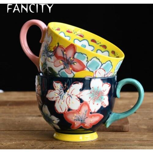 FANCITY Creative hand-painted ceramic tea set breakfast cup milk cup big belly cup dessert cup oatmeal cup large capacity home