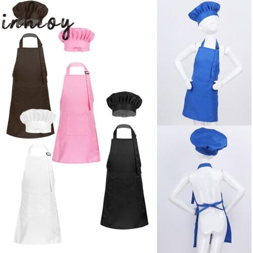 2Pcs Kid Apron Cooking Kitchen Role Play Apron and Chef Hat Set for Cooking Baking Painting Training Wear
